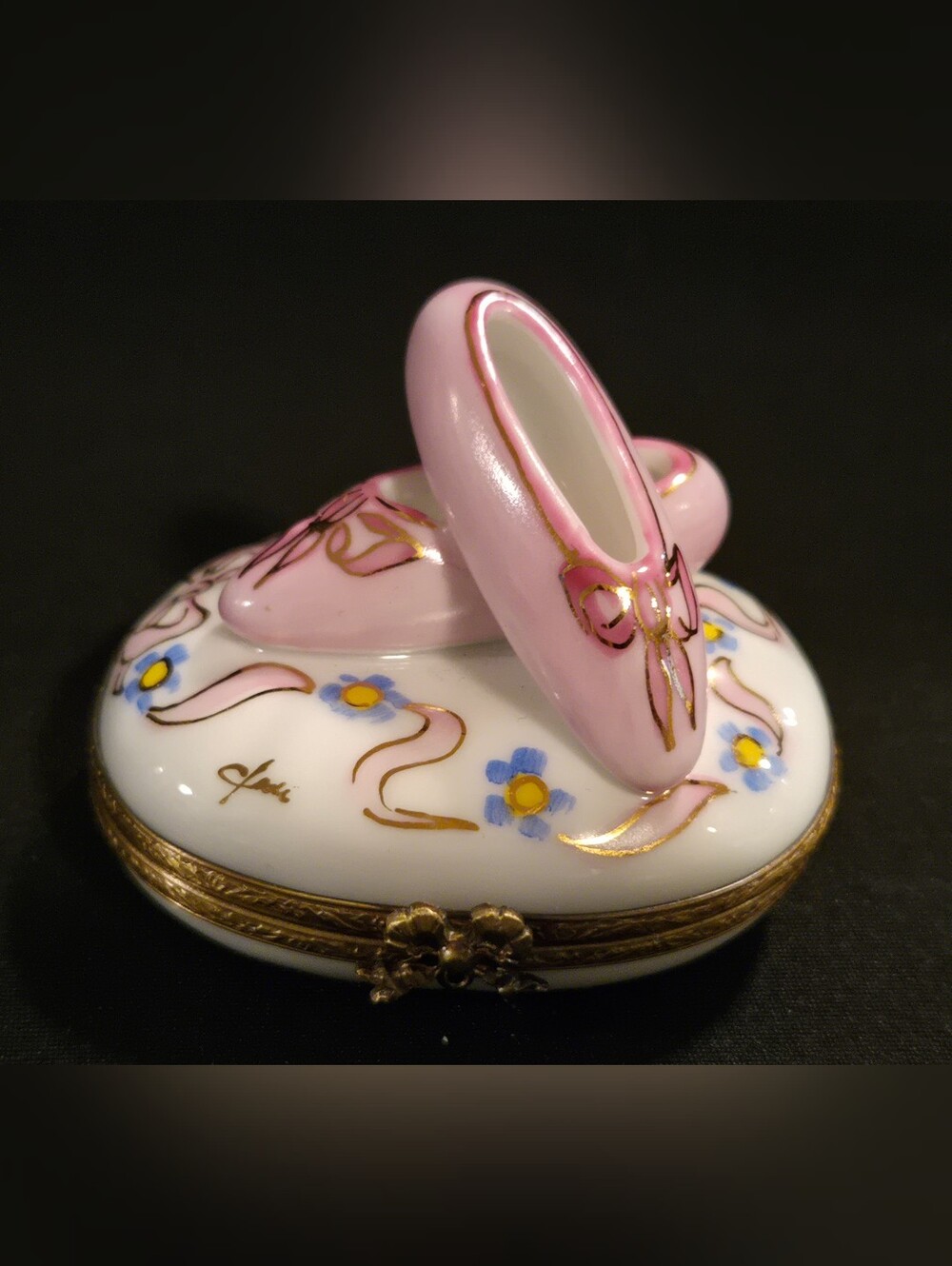 Antique Signed Limoges France Porcelain Pink Ballet Slipper Trinket Box